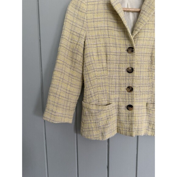 Theory Butter Yellow Plaid Tweed Blazer Jacket 0 3/4 Sleeve Cotton Lined Y2K - Picture 3 of 7